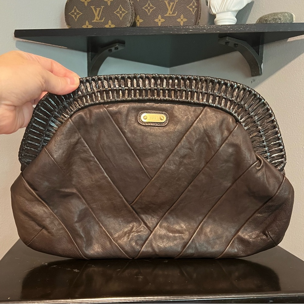 Rafe Leather and Wicker Chocolate Brown Clutch